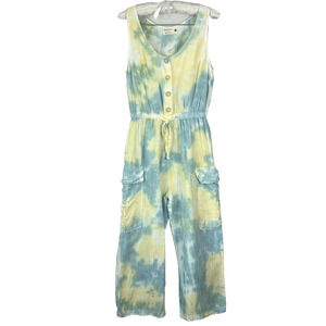 Back Beat Co. Women's Size Small 100% Linen Tie-Dye Cargo Jumpsuit Yellow/Blue